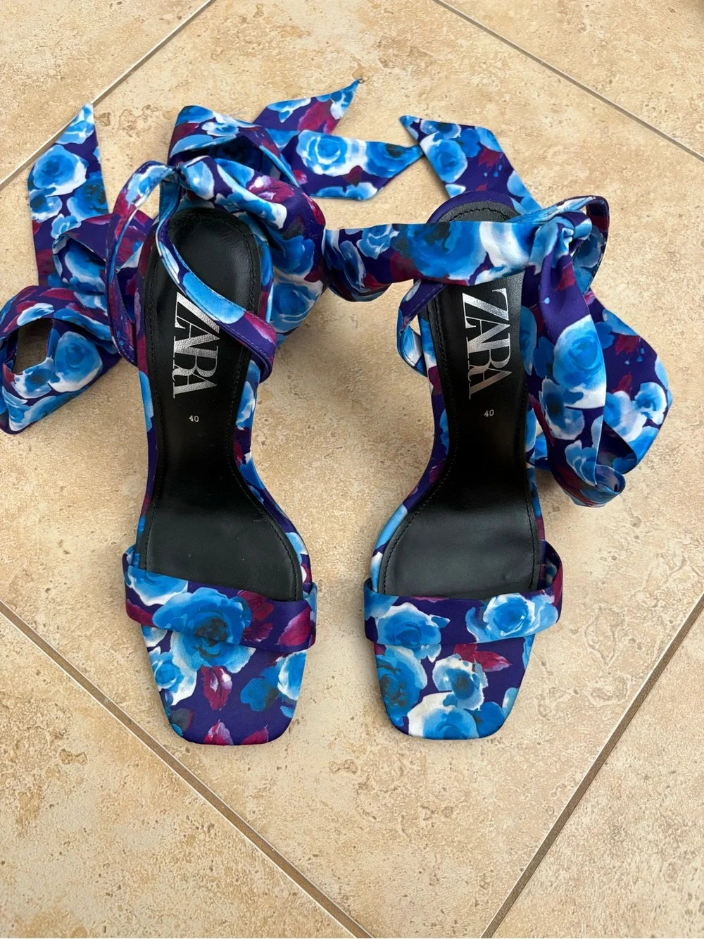 Zara Blue Floral Wrap-Heel Sandals